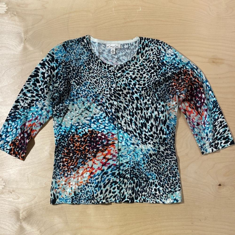 Kim Rogers Blue and Black Button Up Long Sleeve Sweater Top PM (QK)